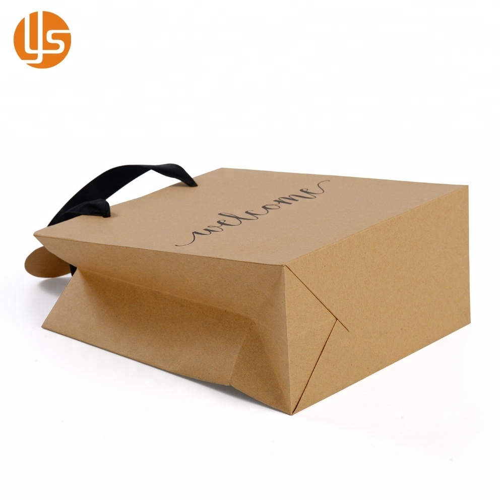 Vintage Custom logo printed brown kraft paper bag with ribbon handle