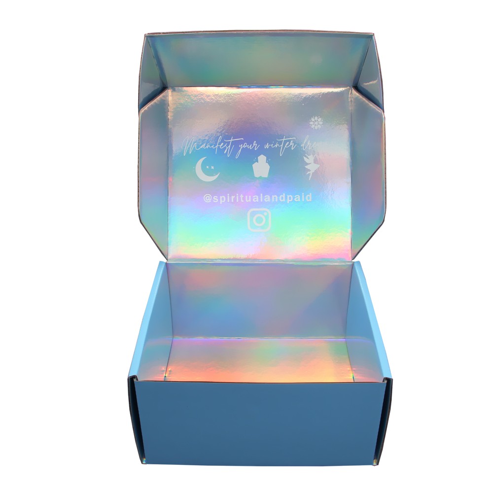 Caja holográfica de embalaje con logotipo ultravioleta corrugado con reflejo láser iridiscente personalizado