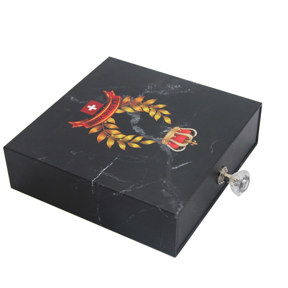 Boîte à bijoux en carton personnalisée avec tiroir en marbre noir et bague en papier
