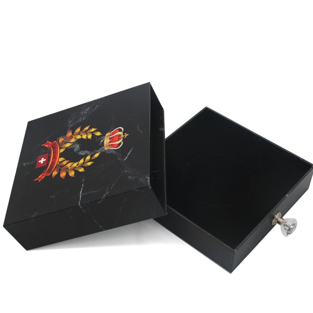 Maßgeschneiderte Ring-Schmuckschatulle aus Karton mit schwarzer Marmorschublade und Papierring
