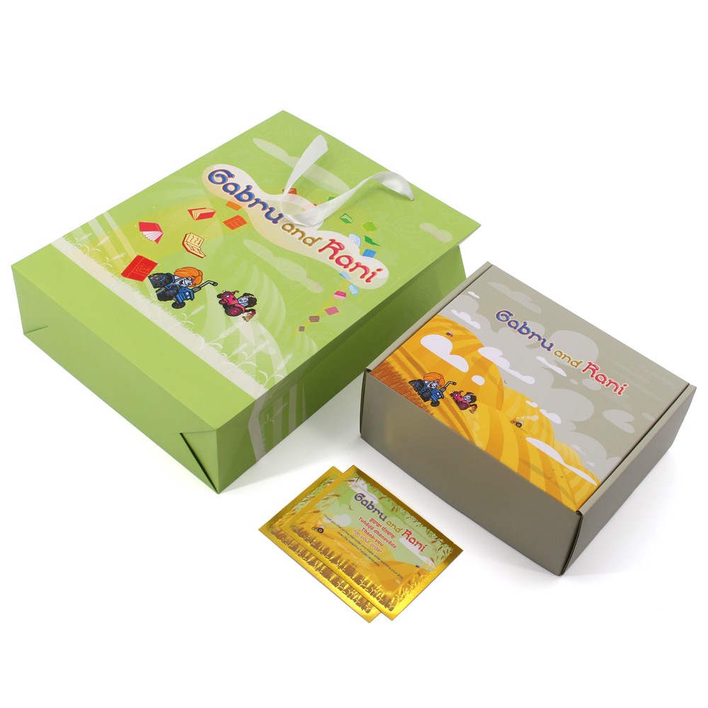 Caja y bolsa de embalaje de papel para juguetes para niños.
