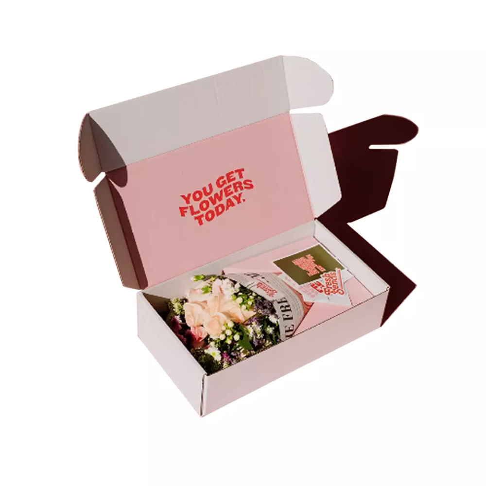 Caixas de transporte de papelão ondulado para flores rosas