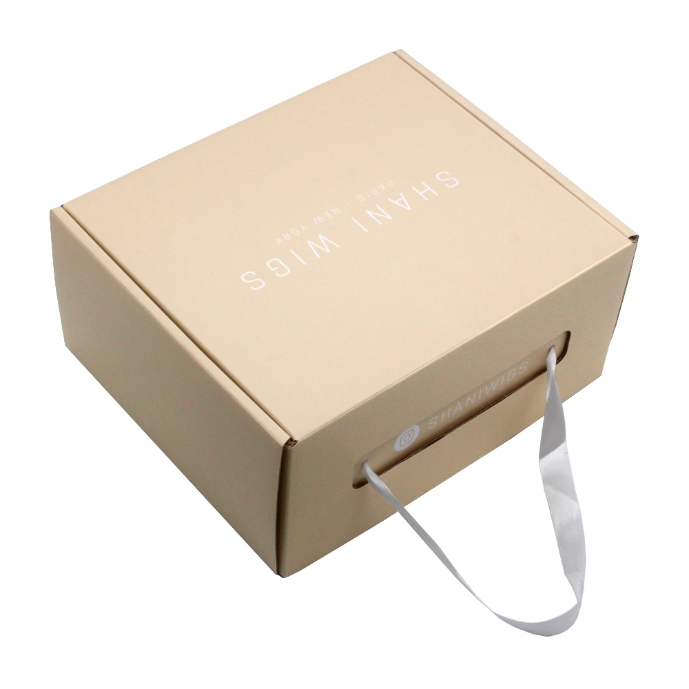 Corrugated paper box with ribbon handle