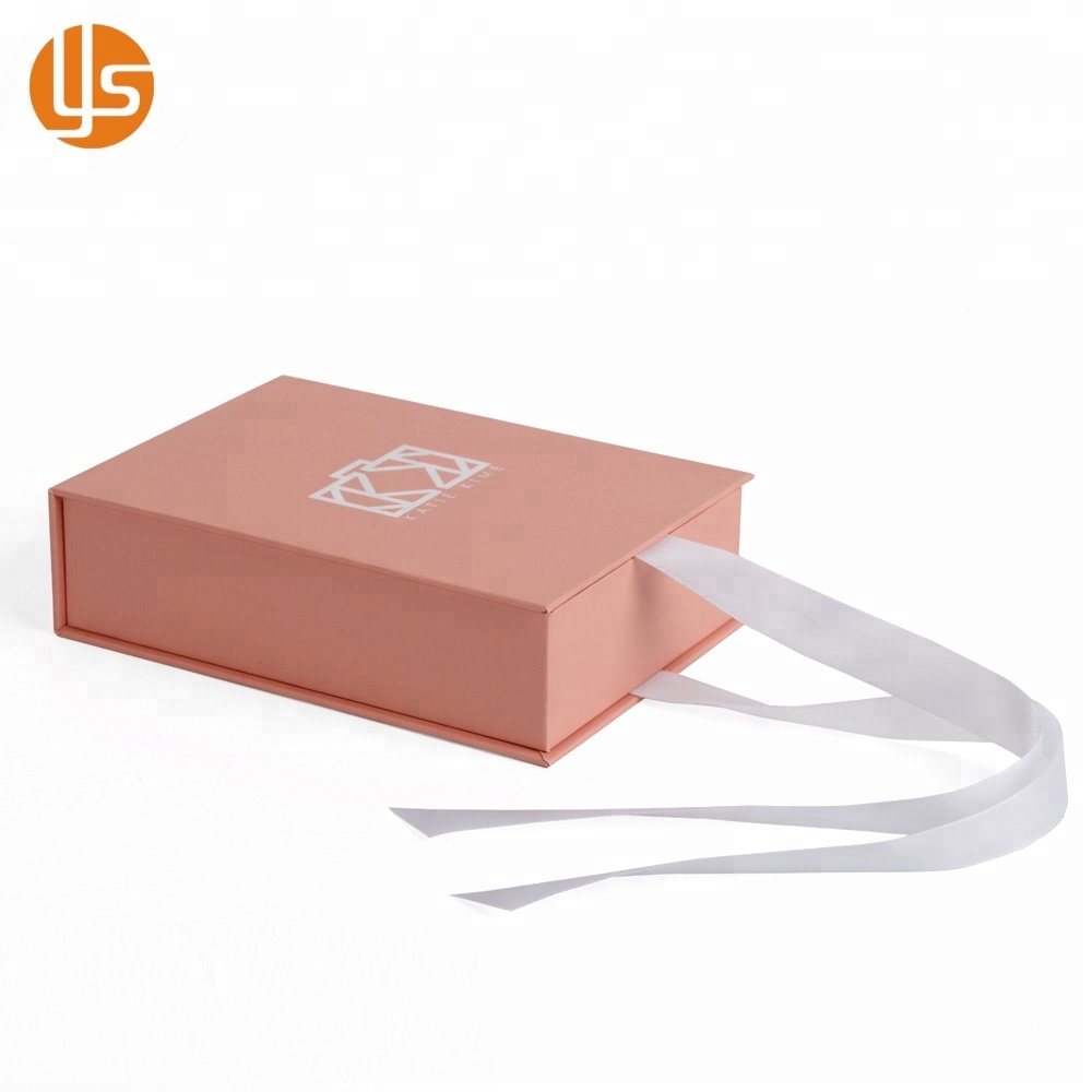 Logo Printed Pink Rigid Cardboard Paper Gift Flip Box With Ribbon Closure