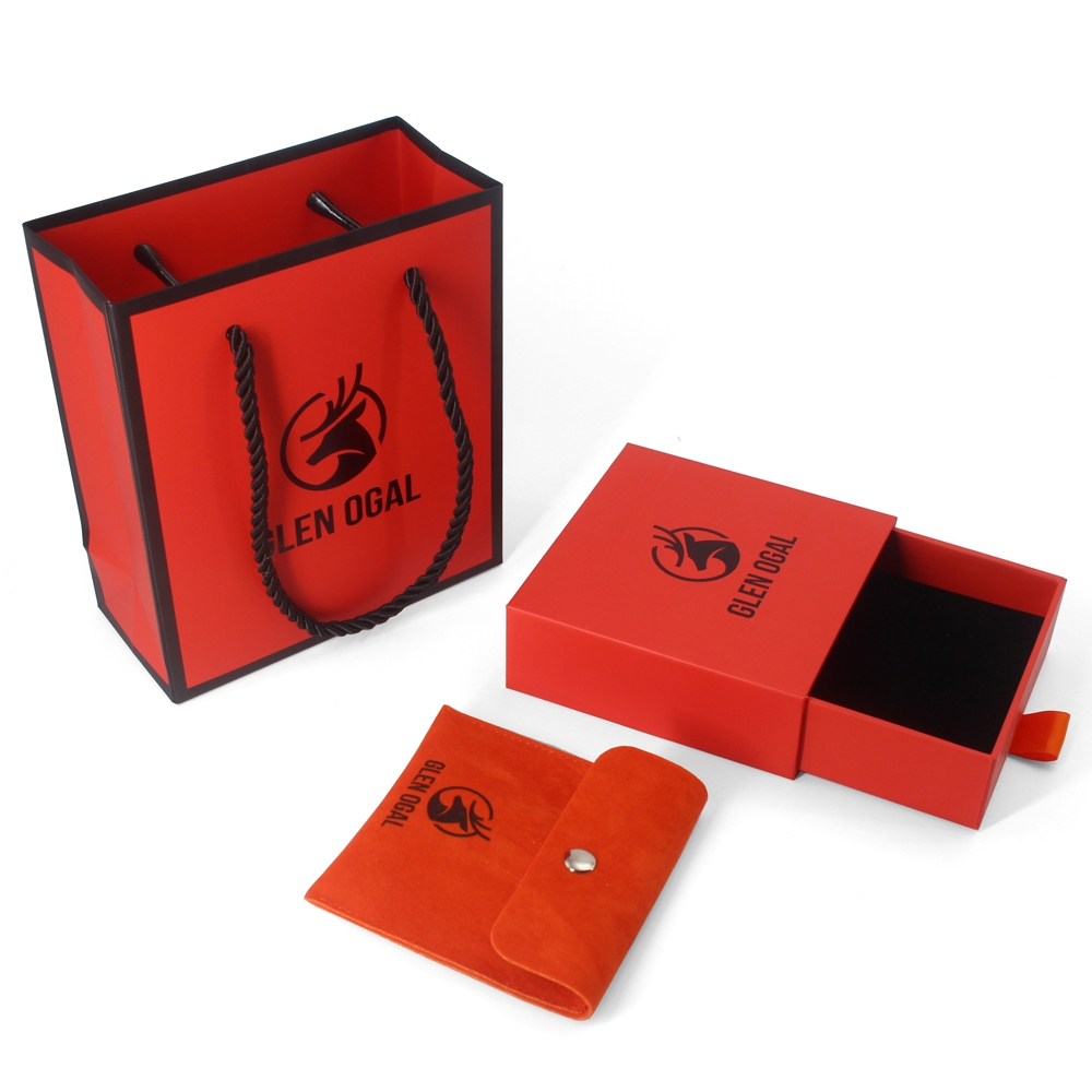 Rigid paper box and pouch jewellery packaging set