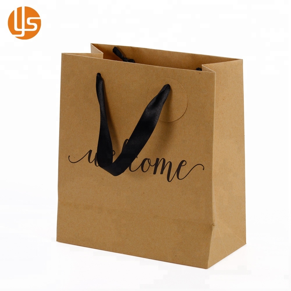 Vintage Custom logo printed brown kraft paper bag with ribbon handle