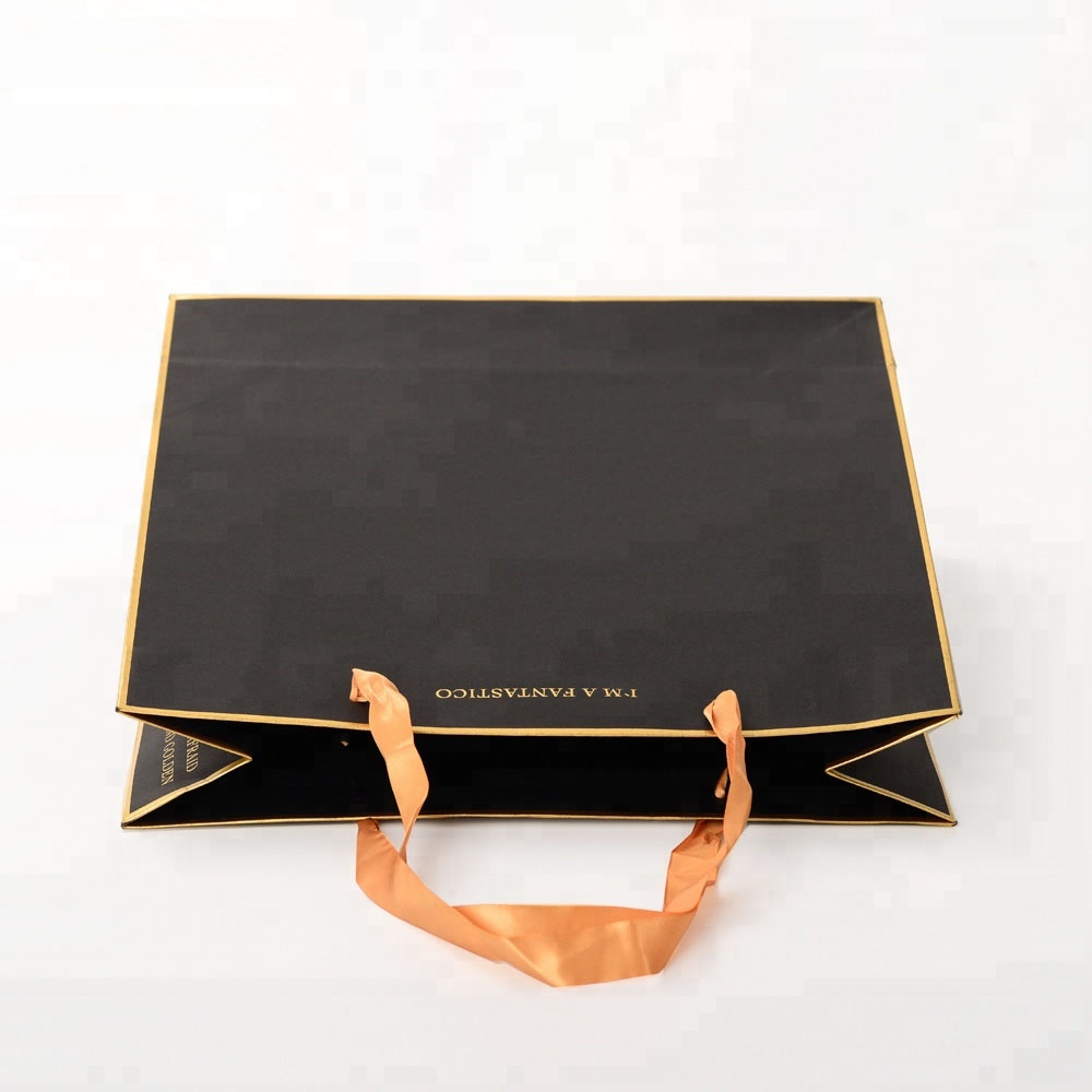 Luxury Custom Brand Name Logo Gold Foil Stamping Gift Packaging Black Craft Carry Paper Shopping Bag with Ribbon Handle