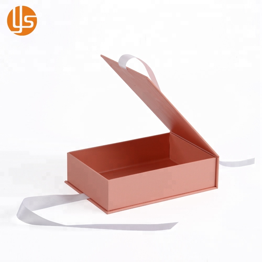 Logo Printed Pink Rigid Cardboard Paper Gift Flip Box With Ribbon Closure