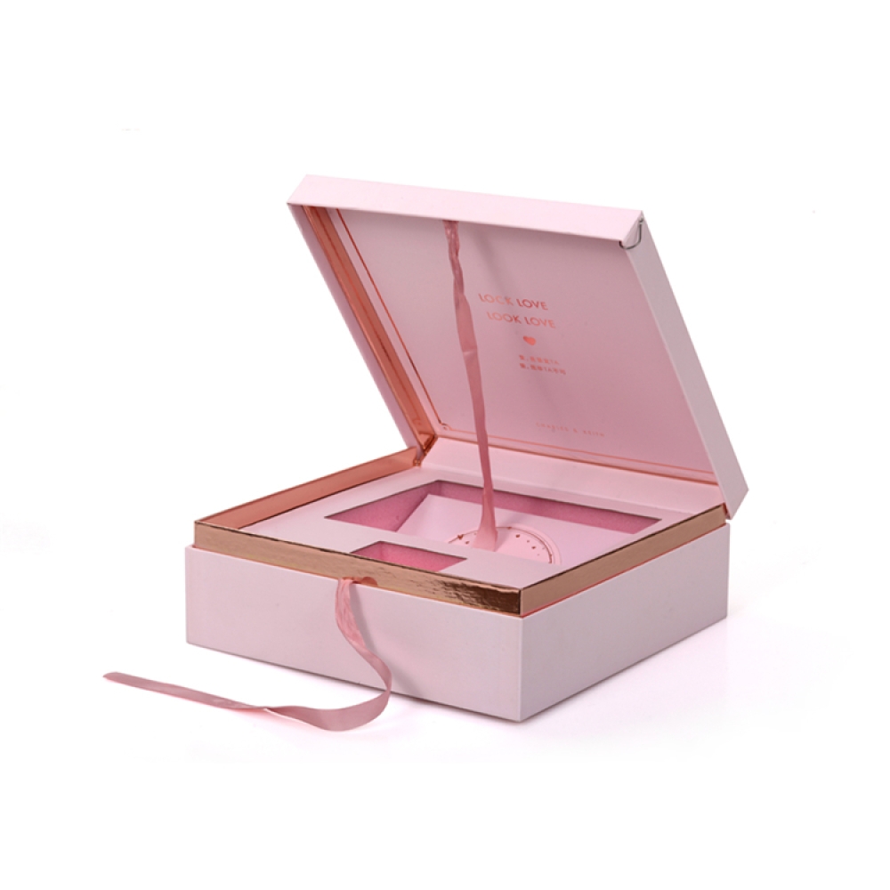 Custom Cardboard Pink Flip Top Gift Box With Ribbon