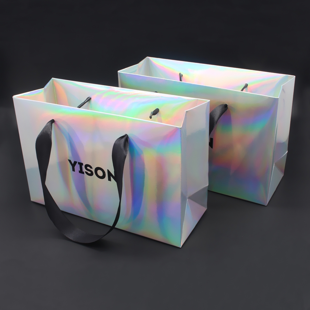 Sac en papier holographique populaire imprimé personnalisé de luxe, sac en papier pour cadeau de shopping