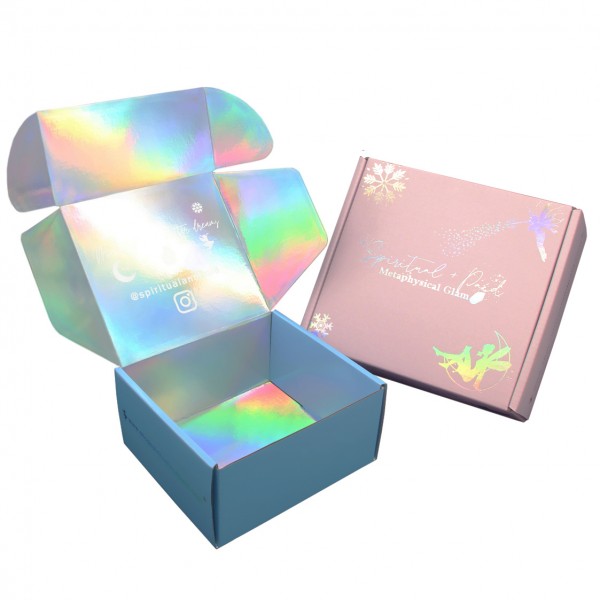 Caja holográfica de embalaje con logotipo ultravioleta corrugado con reflejo láser iridiscente personalizado