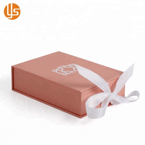 Logo Printed Pink Rigid Cardboard Paper Gift Flip Box With Ribbon Closure