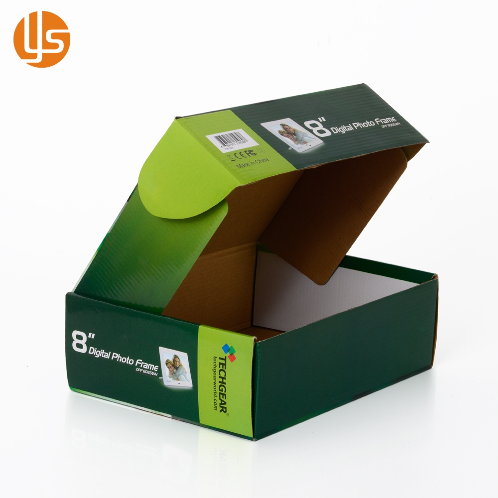 Información del producto Tamaño 27x20x9 cm Material 250g CCNB + E flauta Caja ondulada Caja de correo corrugado Tratamiento de la superficie Laminación brillante Características opcionales (Hacer por encargo) Material (1) 250/300 gsm CCNB o papel Kraft (2