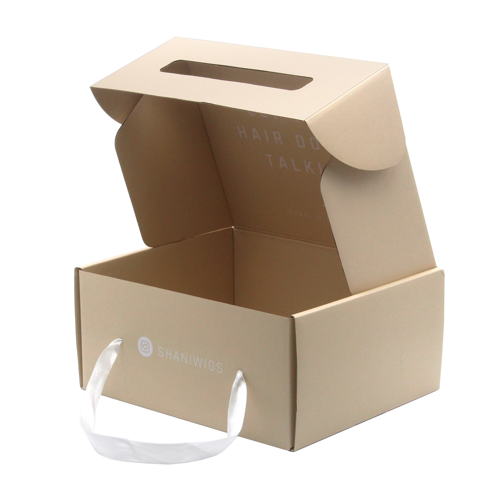 Corrugated paper box with ribbon handle