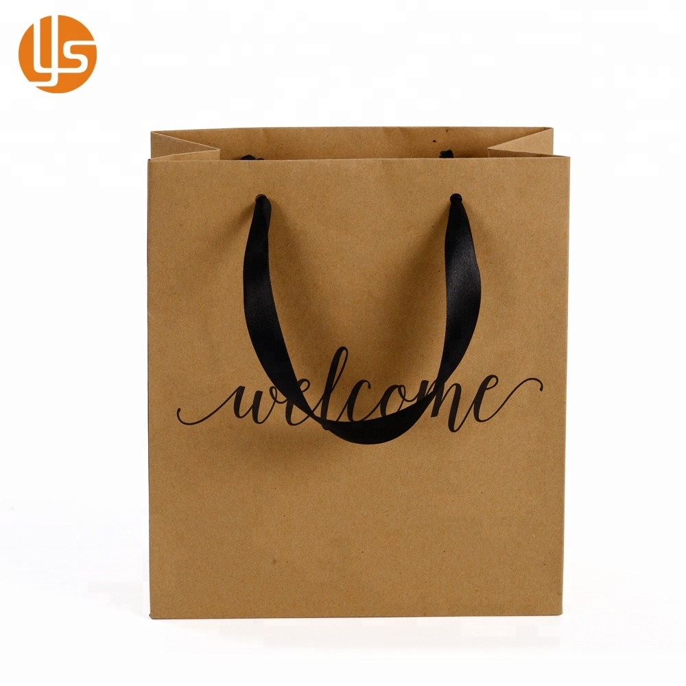 Vintage Custom logo printed brown kraft paper bag with ribbon handle