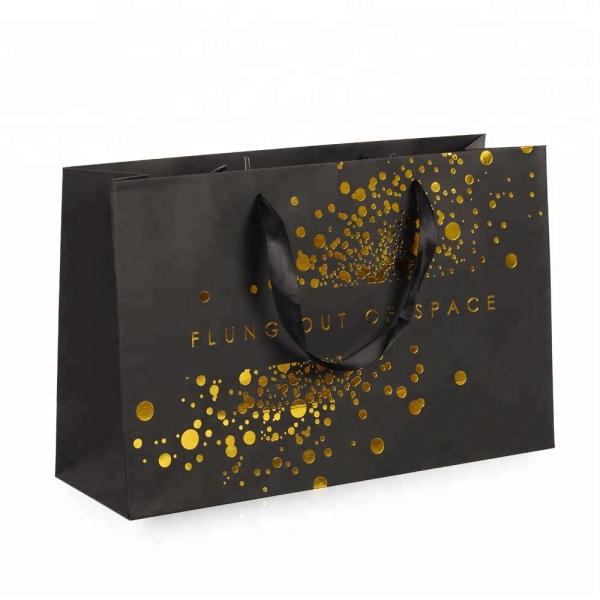 Wholesale Custom Made Logo Golden Hot Stamping Black Craft Cardboard Gift Shopping Paper Bag