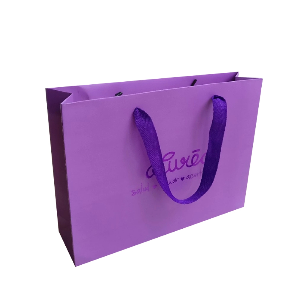 Bolsa de compras con logotipo personalizado color morado.