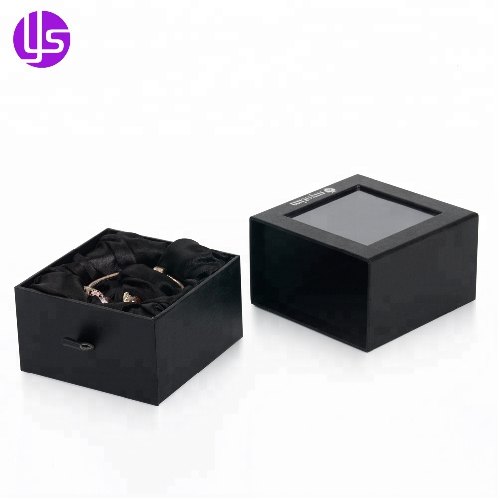 Custom Made Luxury Black Boutique Gift Paper Matchbox Style Drawer Slide Rigid Cardboard Packaging Box with Clear Pvc Window