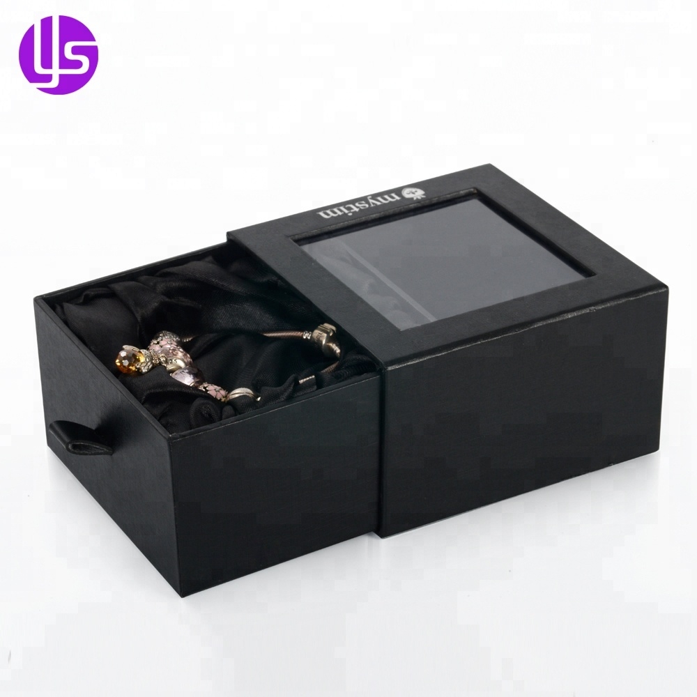 Custom Made Luxury Black Boutique Gift Paper Matchbox Style Drawer Slide Rigid Cardboard Packaging Box with Clear Pvc Window