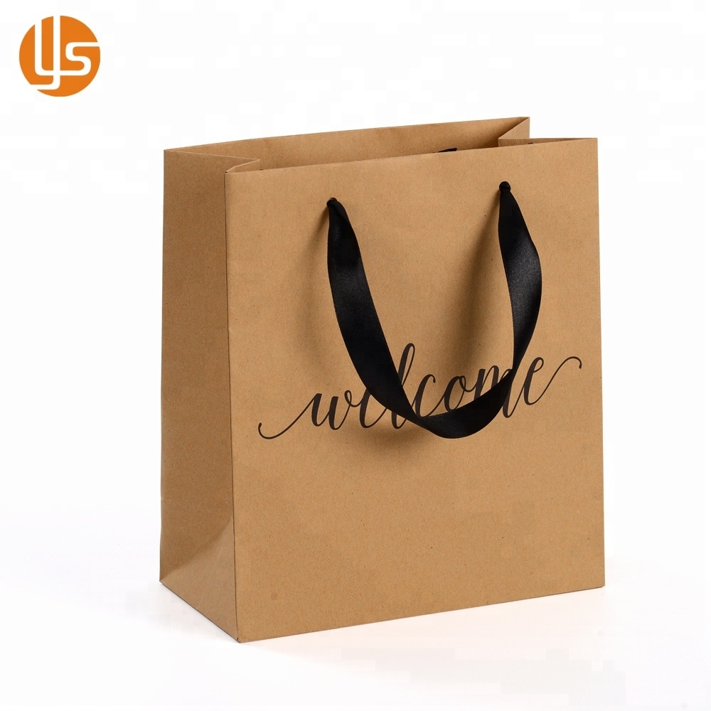 Sac en papier kraft marron imprimé avec logo personnalisé vintage avec poignée en ruban