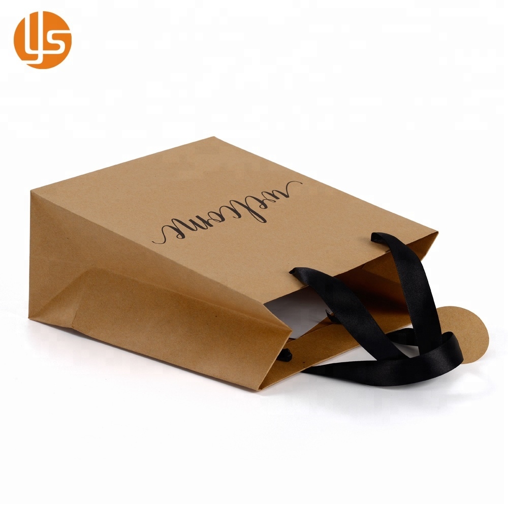 Vintage Custom logo printed brown kraft paper bag with ribbon handle